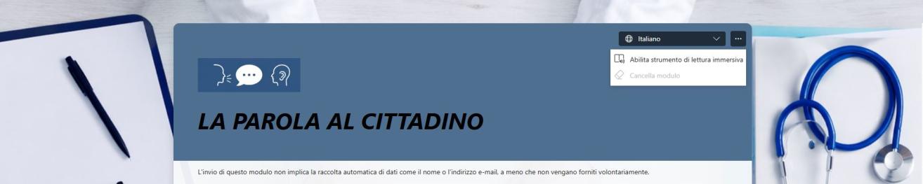 UN RETTANGOLO GRIGIO-BLU CON IL TITOLO DEL QUESTIONARIO (LA PAOLA AL CITTADINO) E TRE ICONE BIANCHE UN PROFILO DI UOMO CHE PARLA, UN MESSAGGIO CON TRE PUNTINI IN UNA NUVOLA E UN UOMO DI PROFILO CHE ASCOLTA